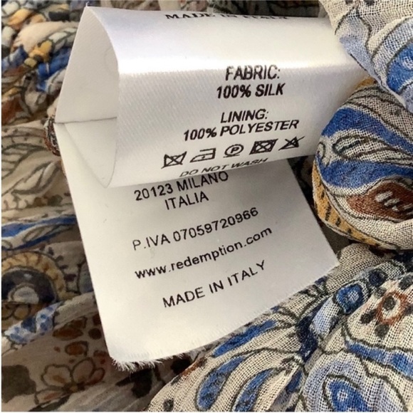 Redemption Silk Chiffon White Blue Beige Floral Print Paisley Smocked Blouse 8 - Picture 11 of 11
